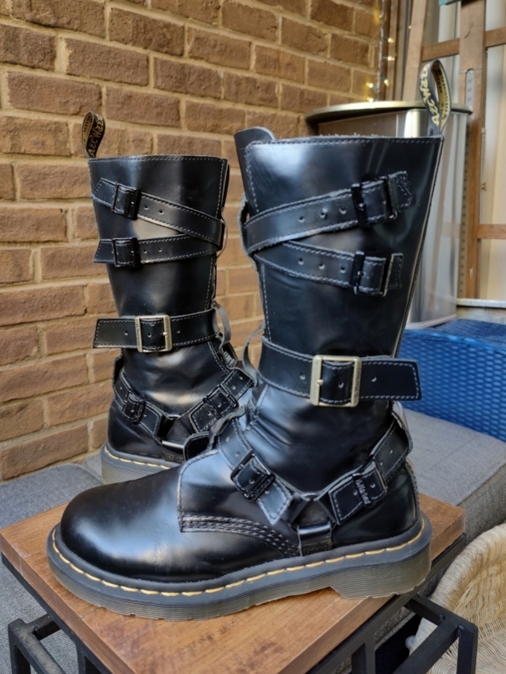 Doc Martens Womens 6 Blake Tall Black Leather Harness Buckle Side Zip Boots